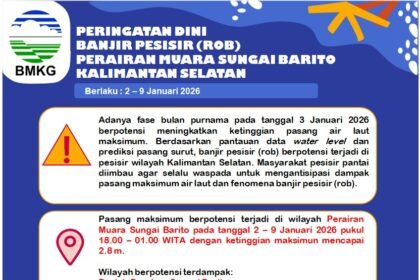 BMKG Peringatkan Potensi Banjir Pesisir (Rob) di Perairan Kotabaru dan Muara Sungai Barito