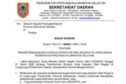 Pemprov Kalsel Terapkan Transformasi Budaya Kerja ASN, WFH Setiap Jumat