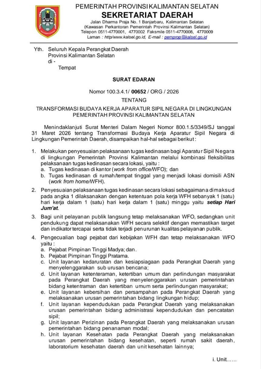 Pemprov Kalsel Terapkan Transformasi Budaya Kerja ASN, WFH Setiap Jumat